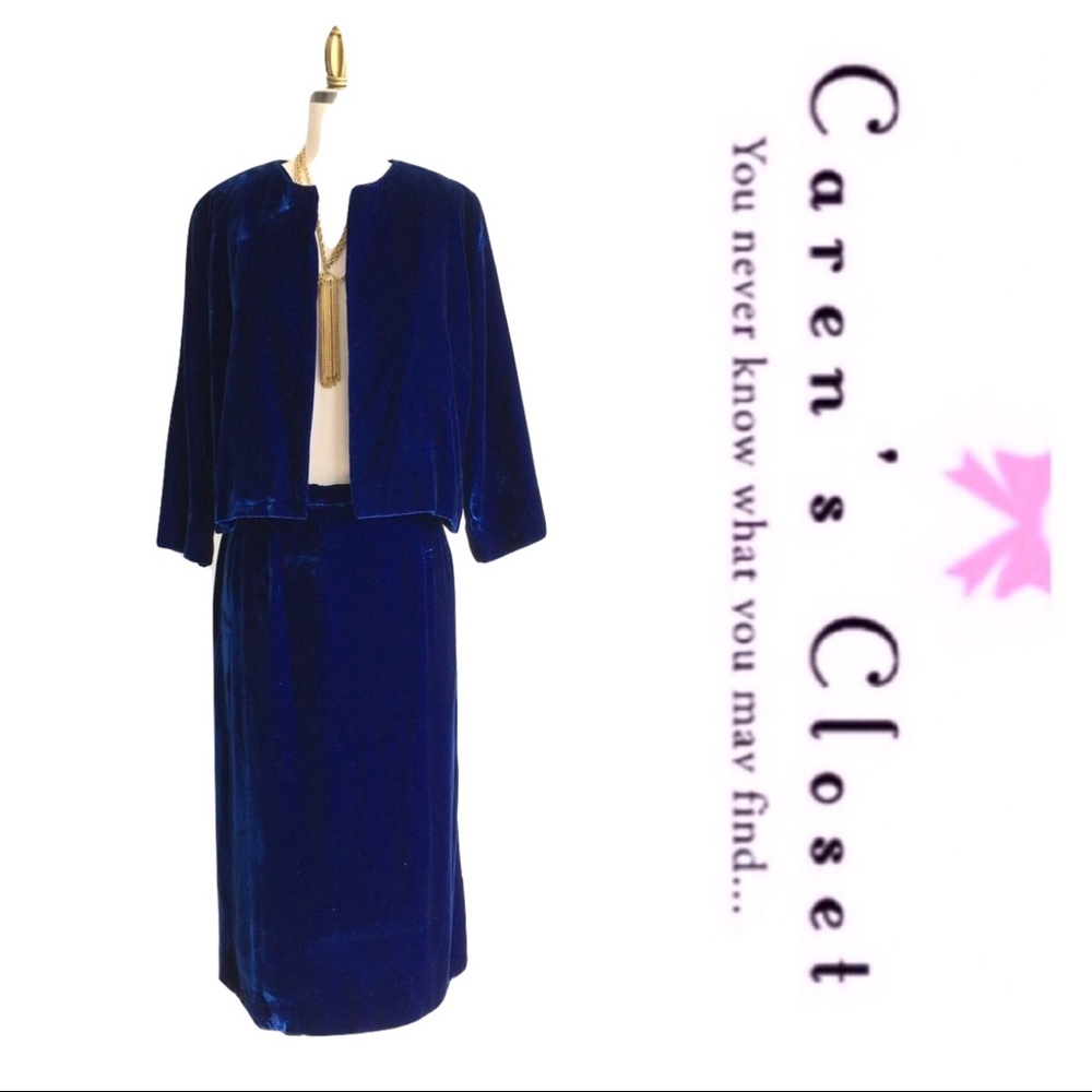 Vintage Royal Blue Velvet Pencil Skirt Suit - Picture 3 of 5